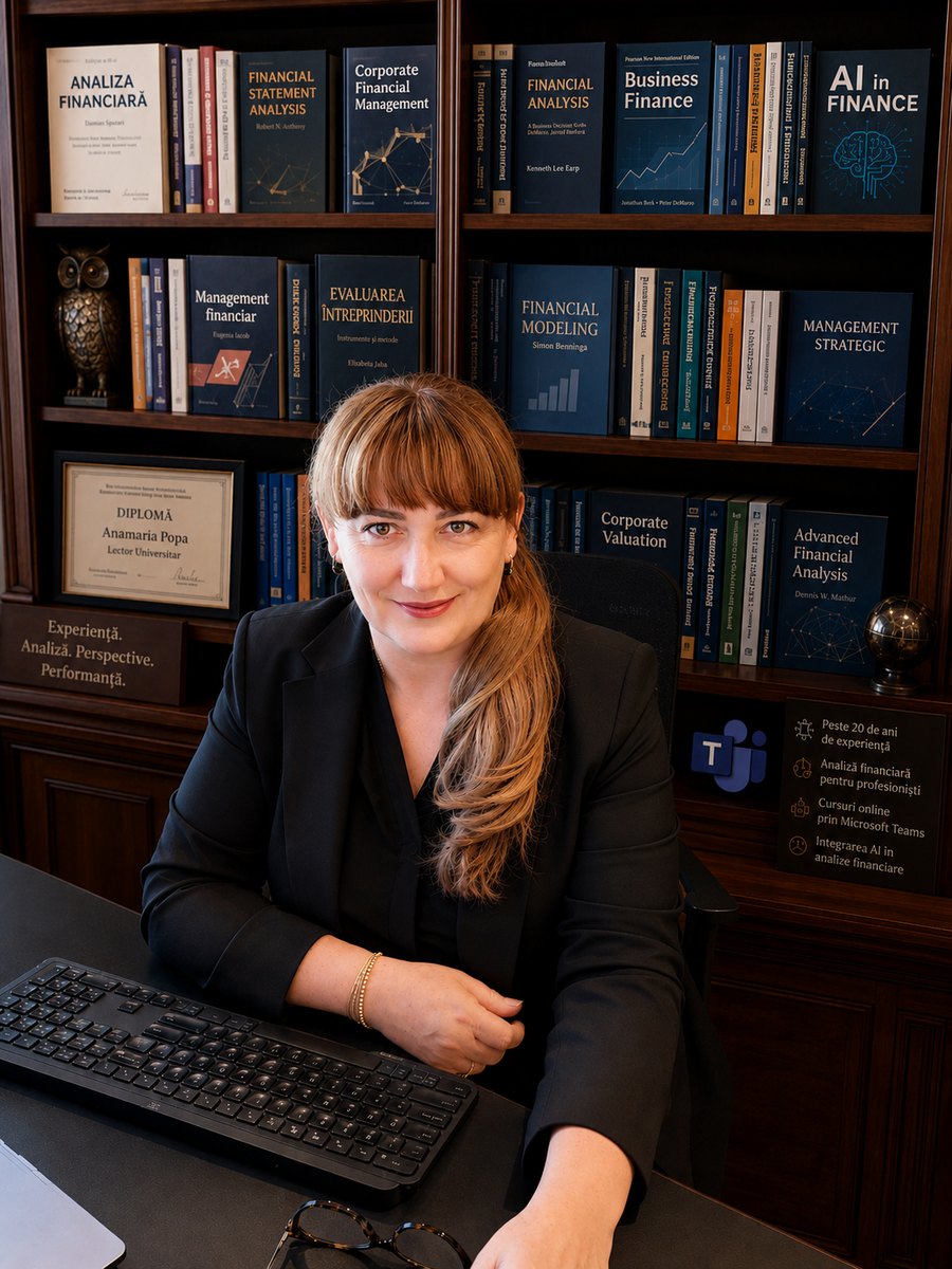 Anamaria Popa, formator autorizat și lector, la birou, în fața bibliotecii de finanțe și analiză financiară